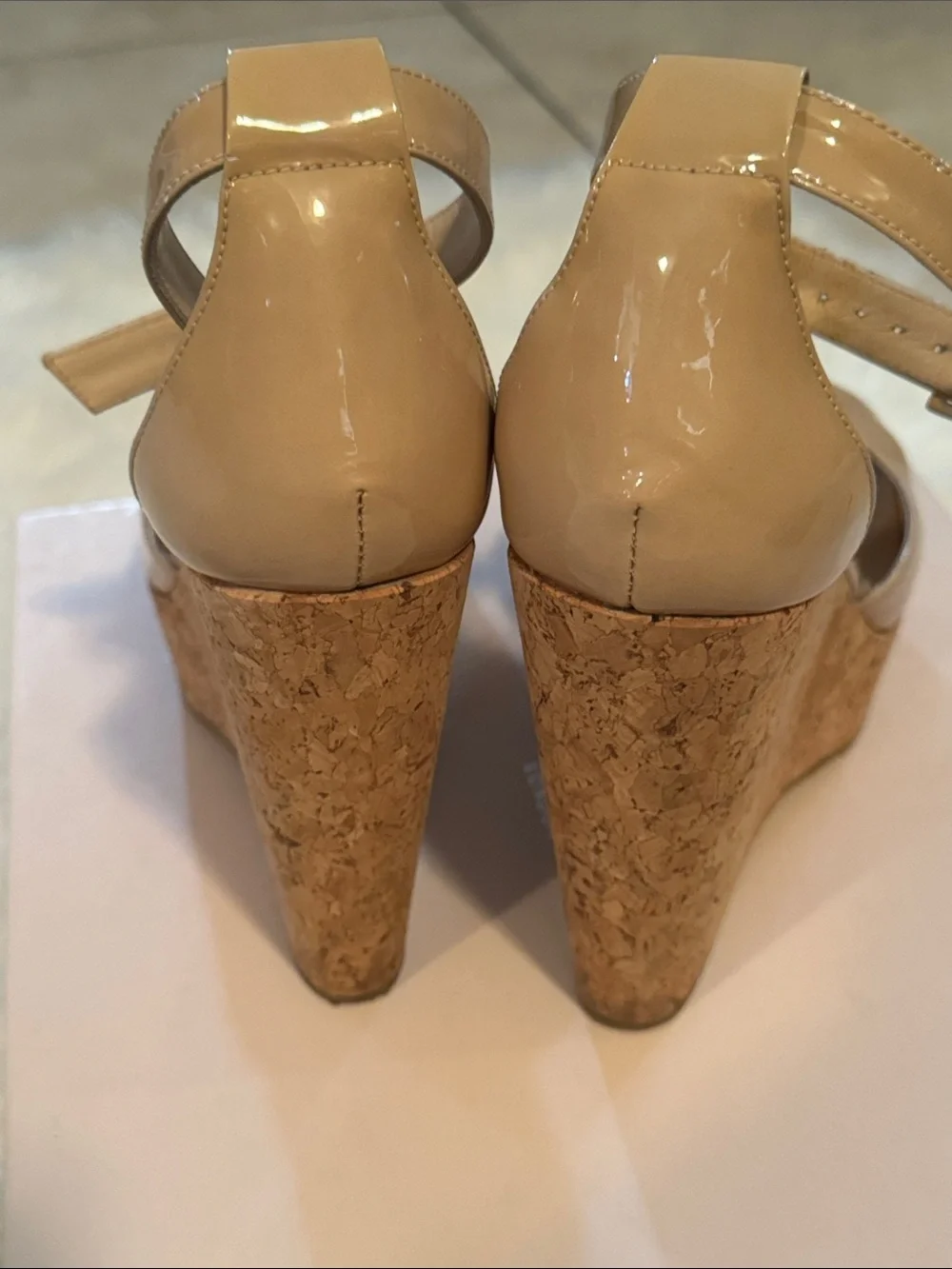 Wedge Platform Sandal in Beige Patent with Cork Heel t strap by Jimmy choo